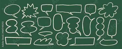Chalk speech bubble vector set with hand drawn crayon style frames, doodle sh...