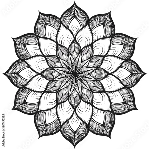 Detailed Black and White Floral Mandala with Intricate Line Work