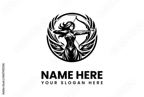 Elegant Archer Silhouette Aiming Bow and Arrow Within Circular Emblem.