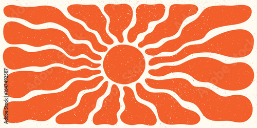 Orange retro sun illustration with bold organic rays on a grain textured horizontal background. Sun art in abstract groovy style. Perfect for wall art, posters, prints, and summer decor
