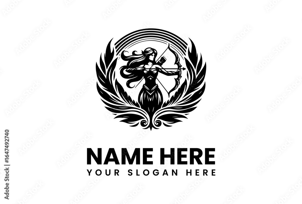 Obraz premium Elegant Archer Silhouette with Bow and Arrow within a Decorative Emblem.