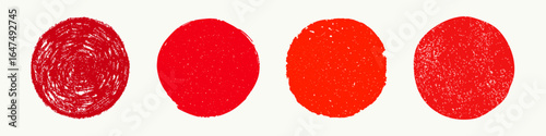Japan red sun circle set with japanese brush texture and grunge stamp design. Japan and japanese sun circles with round stamp shapes. Perfect for logos, prints, posters, branding