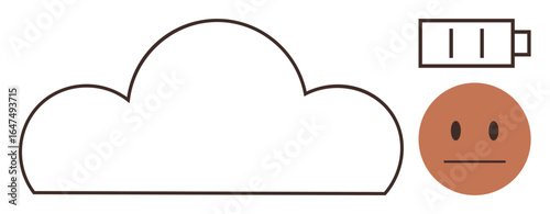 Cloud outline paired with a low-battery icon and neutral face conveying exhaustion, tech fatigue, or resource depletion. Ideal for technology, data storage, emotions, productivity, cloud computing