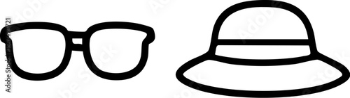 Black outline icon of sunglasses and a sun hat.