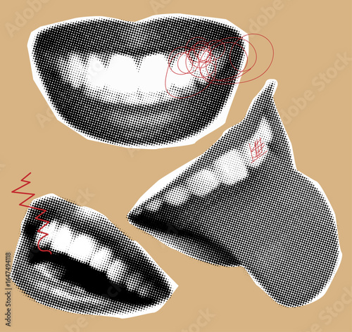 Halftone collage elements,human smile mouth,open mouth with tongue,trendy collage elements