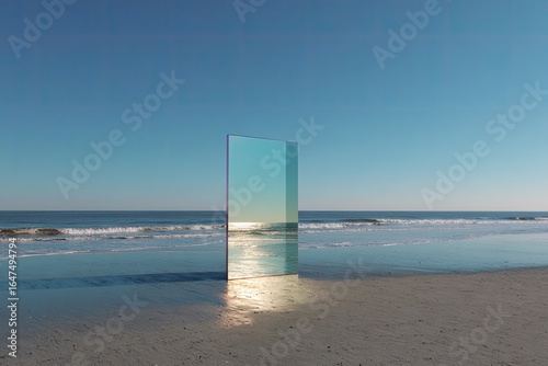 Tranquil beach scene with reflective rectangular object