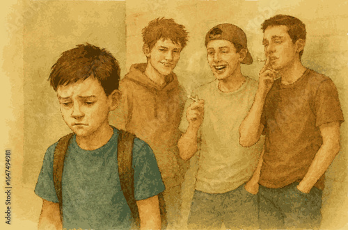Sad Teenager Boy Being Bullied by a Group of Young Males