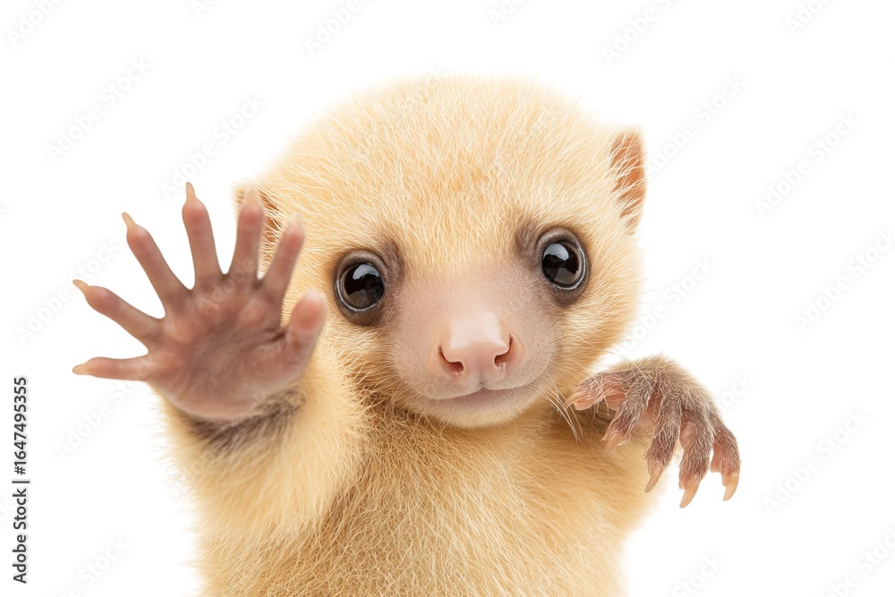 Fototapeta premium Adorable baby sloth reaching out with tiny paws on a white background.
