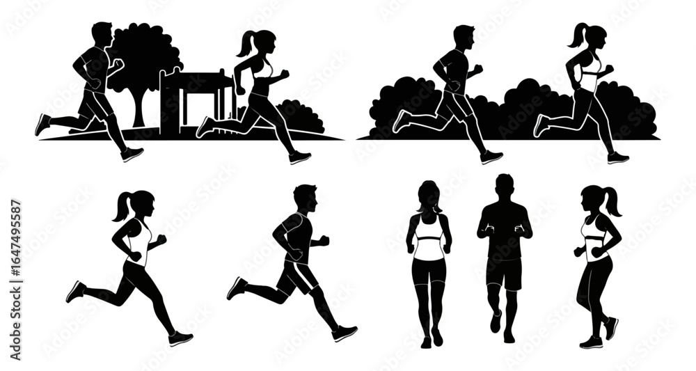 Fototapeta premium Jogging Silhouettes with Park Elements – Outdoor Exercise Design 