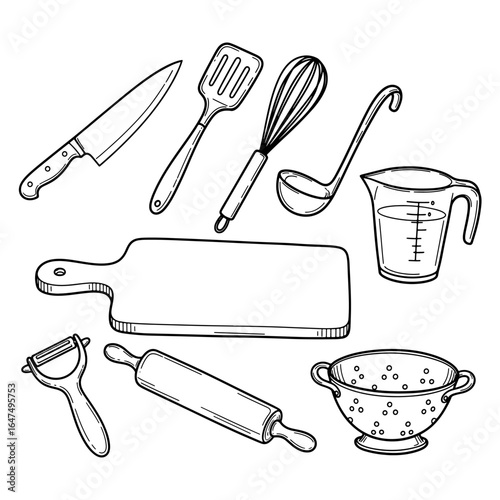 Black and white sketch of kitchen utensils including knife whisk ladle and colander kitchenware