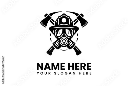 Firefighter emblem with crossed axes helmet and gas mask in bold black silhouette.