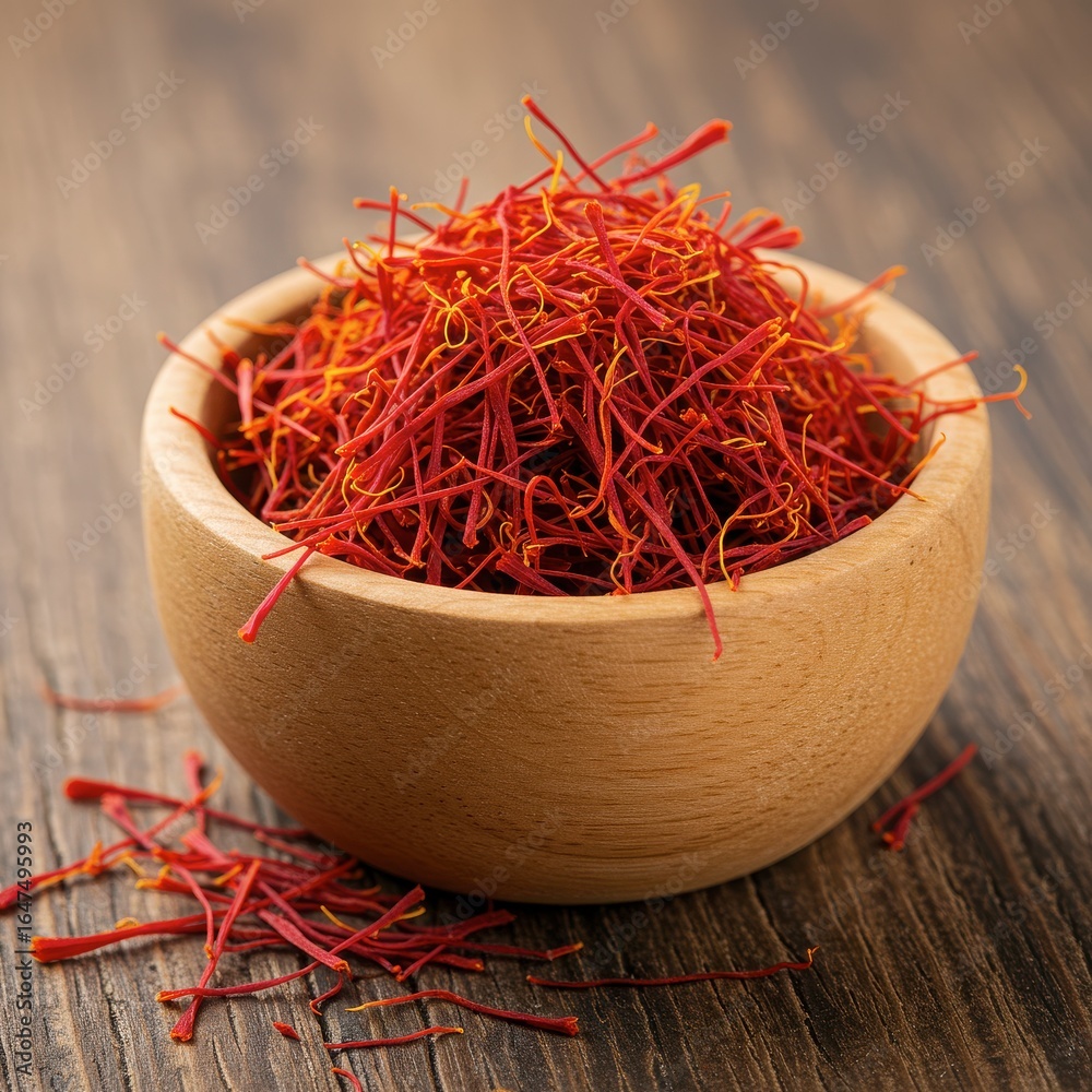 Fototapeta premium Aromatic saffron threads in a wooden bowl on a rustic wooden surface, closeup shot