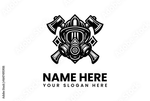 Firefighter Helmet with Gas Mask and Crossed Axes in Bold Black and White.