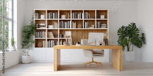 Cozy office space with simple desk and tall bookshelves along the wall