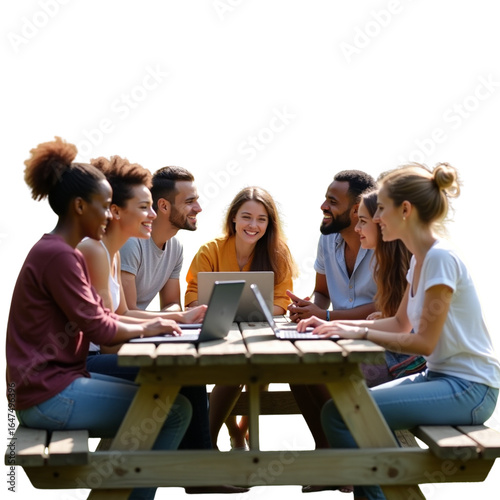 A group of diverse young adults having a casual meeting outdoors, smiling, laptops on a picnic table, natural sunlight, photorealistic, 8k