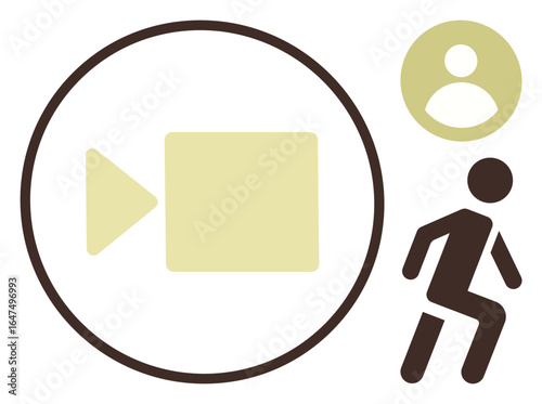 Camera icon in circle, user profile, and walking figure represent video creation, social sharing, content engagement. Ideal for media, streaming, tutorials, fitness vlogging app design simple flat