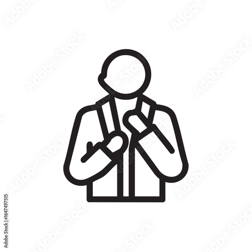  A simple line drawing of a person putting on a jacket.