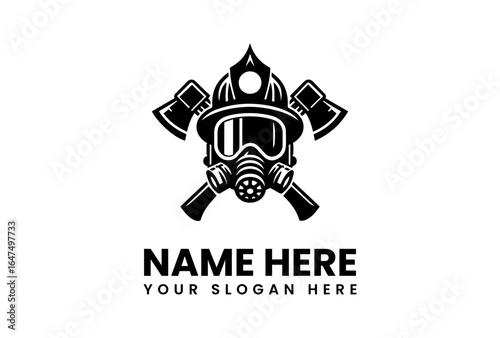 Firefighters Helmet Axe and Respirator Logo with Bold Black Design.