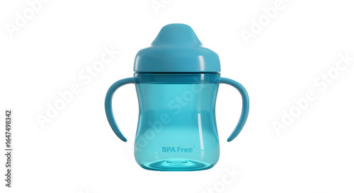 Aqua blue sippy cup glows against black, promoting health. For product photography, branding, baby-themed posters.