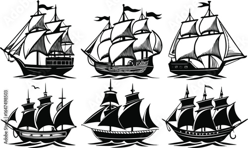 A fleet of vintage tall ships and galleons in bold black silhouettes