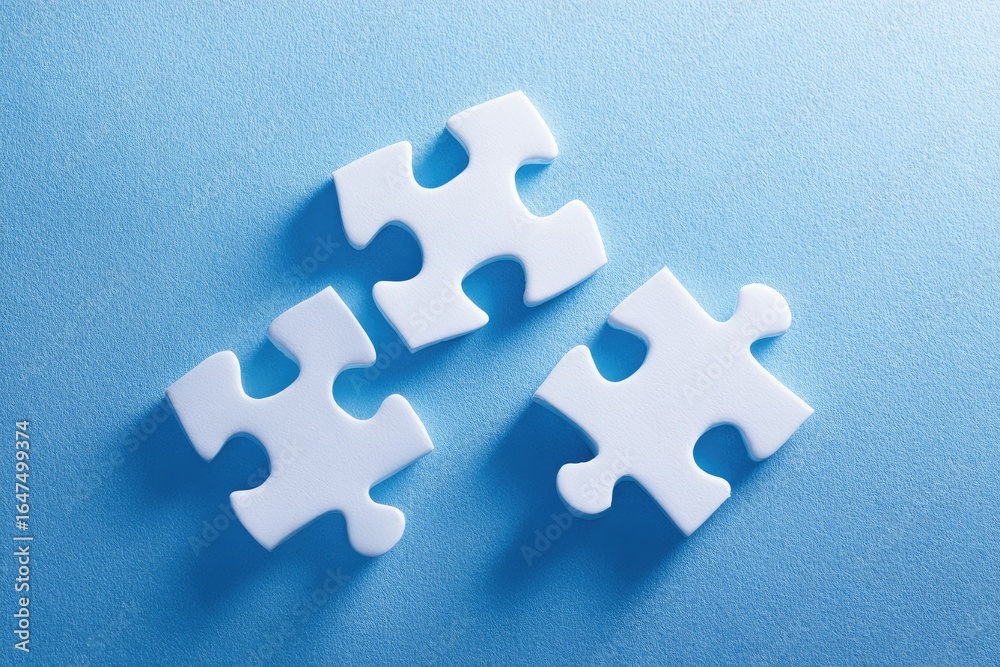 Obraz premium Three white jigsaw puzzle pieces on a light blue background