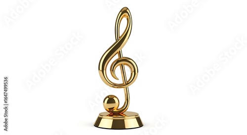 Music award trophy shaped like a musical note, made of polished gold, clean and white background