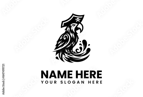 Pirate Parrot with Skull Hat and Decorative Feathers in Black Silhouette.