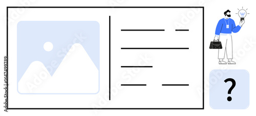 Businessman holding a glowing light bulb next to a document-thumbs up layout featuring image placeholder and text lines. Ideal for innovation, creativity, business planning, marketing, design