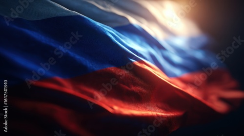 Dramatic Close Up of a Russian Flag Waving in the Light A textured image perfect for patriotic or nationalistic projects