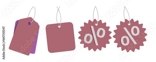 Vector art of a set of four price tags with different shapes and designs, including square and starburst shapes, and percentage symbols, isolated on white background, perfect for sales and discounts