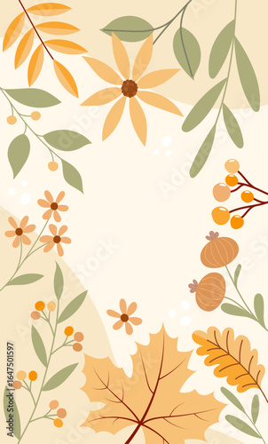 Herbstliche Vektorgrafik mit Blumen, Beeren und Blättern. Freier Platz für Text. Vorlage für Einladungen, Grußkarten, Social Media Posts, Cover, Flyer und Werbung.