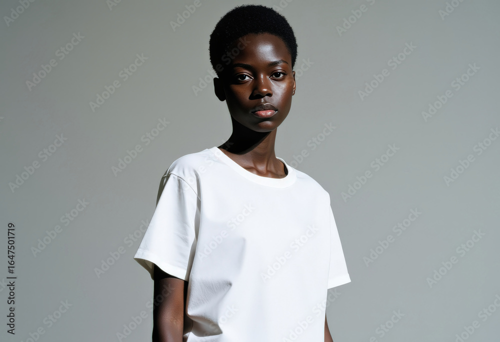 Obraz premium Elegant portrait of a woman in a plain white T-shirt, exuding confidence and poise