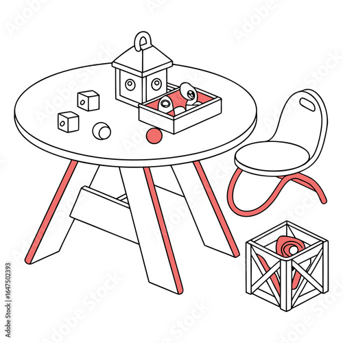 A simple illustration of a table with toys and a chair next to it with a crate of items