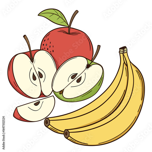 A vibrant illustration of a whole red apple two apple halves a slice and a bunch of ripe yellow bananas
