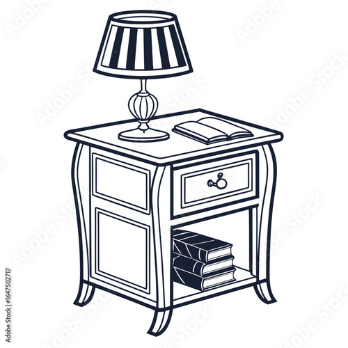 Classic bedside table with a lamp open book and stack of books in an open shelf