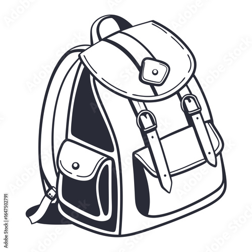 Classic canvas backpack with buckle closures and front pockets hand drawn illustration