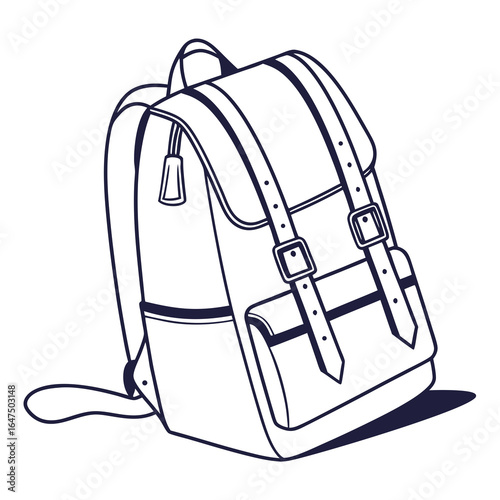 Classic vintage style backpack with buckles and straps isolated on white background line art