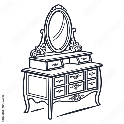 Elegant antique vanity table with ornate mirror and multiple drawers for makeup and accessories