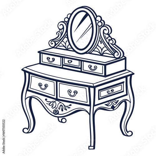 Elegant antique vanity table with ornate mirror and multiple drawers rendered in a classic line art style