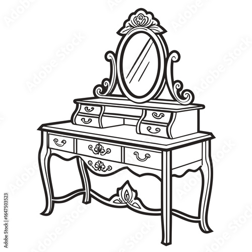 Elegant antique vanity table with ornate mirror and multiple drawers in a classic design