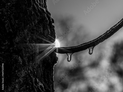 Black-and-white photo of tree branch with water droplets and radiant dawn light highlighting bark texture and delicate nature’s details in a serene, contemplative moment.