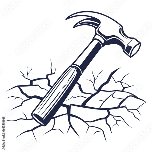 Hammer breaking through cracked ground representing destruction or overcoming obstacles with force