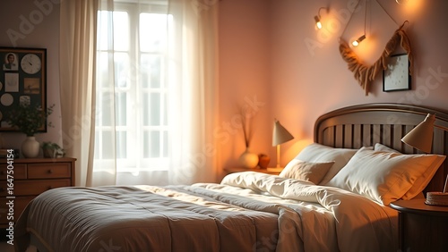 A tranquil bedroom scene bathed in warm, inviting lighting for ultimate comfort.