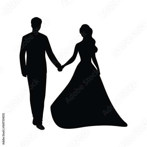 Silhouette wedding couple vector art illustration bride and groom holding hands marriage ceremony art