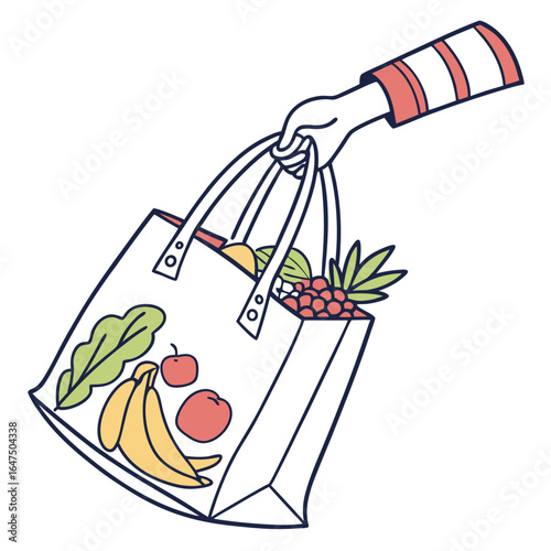 Hand holding a reusable grocery bag filled with fresh fruits and vegetables healthy eating concept
