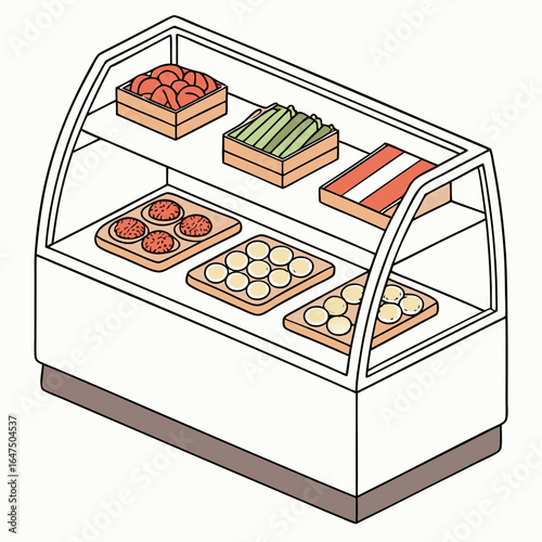 Illustration of a refrigerated display case filled with various food items including meatballs dumplings and vegetables