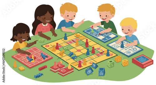 Diverse children engrossed in a board game, strategically maneuvering pieces on colorful game boards.