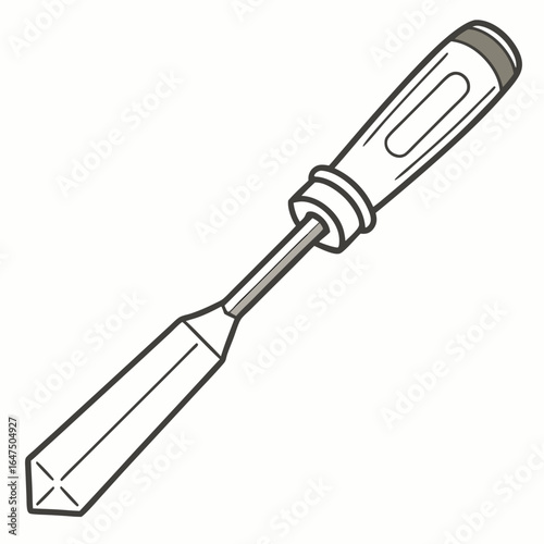 Simple cartoon illustration of a wood chisel with a grey handle and metal blade on a white background