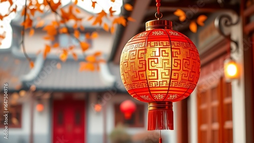 A glowing red lantern with golden details, illuminating a traditional courtyard during China's National Day celebrations.