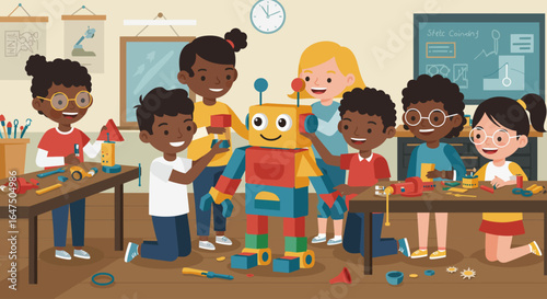 A group of diverse children collaboratively building a colorful robot in a classroom setting, engaging in STEM learning and teamwork.